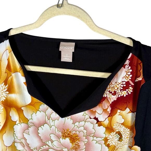 Chico's NWT Women's 3 (XL) Black Asian Eastern Bouquet 3/4 Sleeve Tunic Blouse - Picture 4 of 11